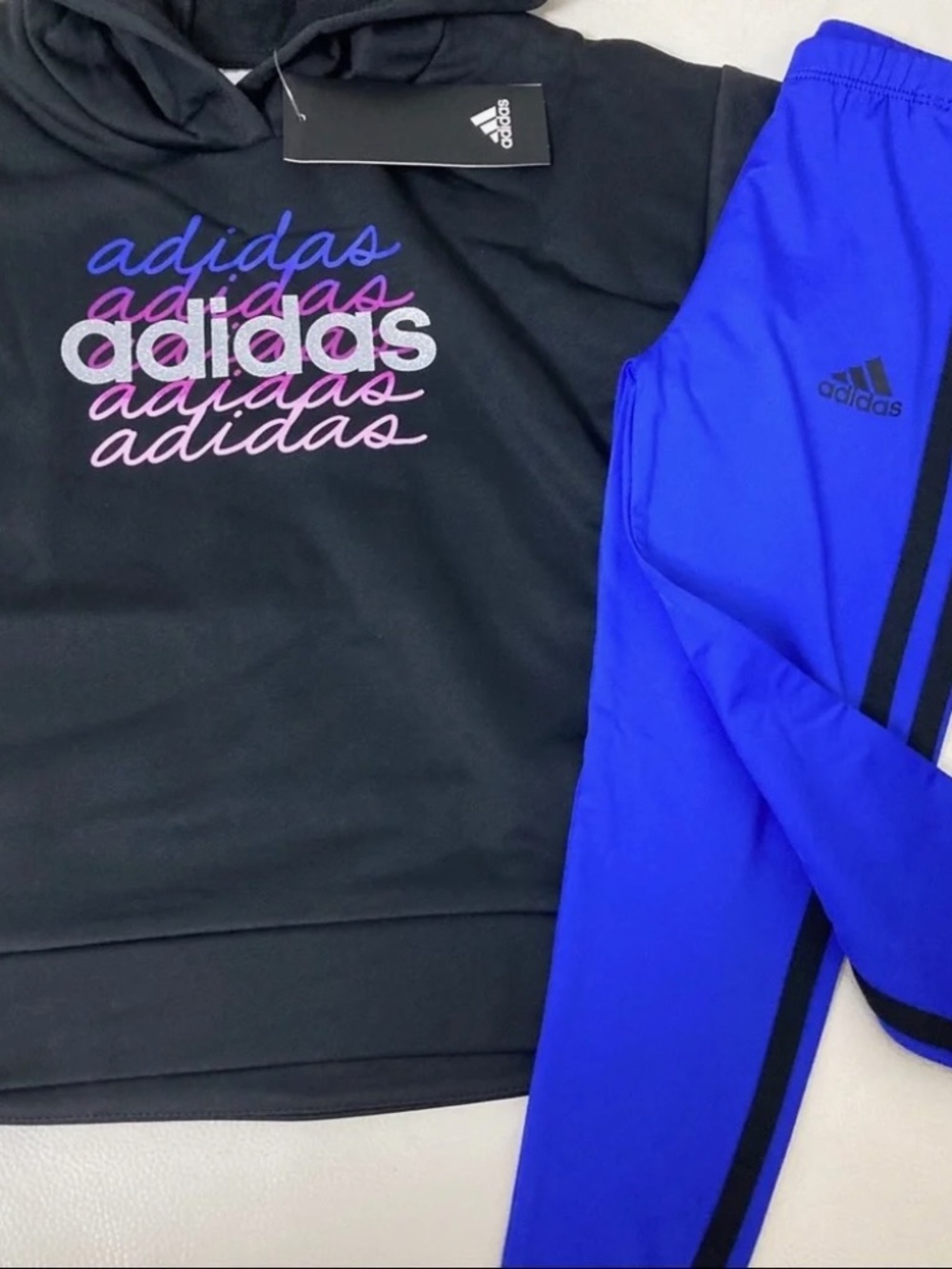 Adidas girl Printed Tricot Hoodie and legging set sparkly pink and purple 4040 - Picture 2 of 7